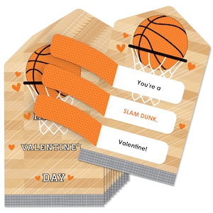 May include: Basketball-themed Valentine's Day cards with orange basketballs, nets, and the words "You're a Slam Dunk, Valentine!" printed on white labels. The cards have a wooden floor background and small orange hearts.