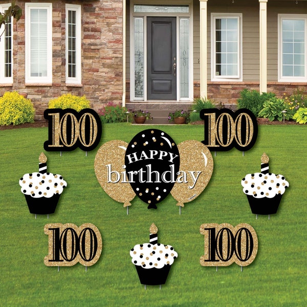 Adult 100th Birthday - Gold - Yard Sign and Outdoor Lawn Decorations - Happy Birthday Party Yard Signs - Set of 8