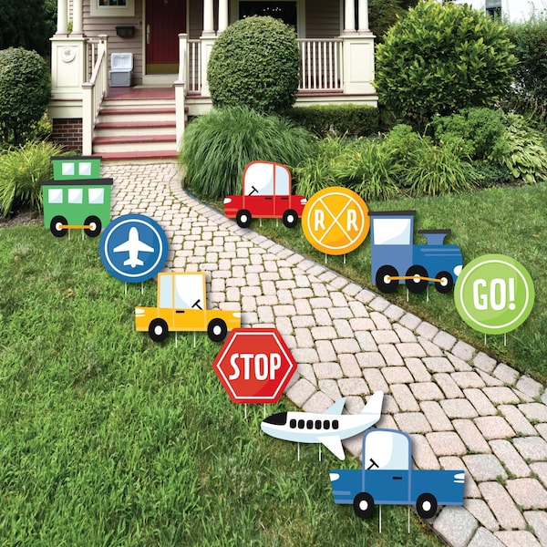 Cars, Trains, and Airplanes - Stop, Go, Railroad Crossing, Airplane Sign Lawn Decor - Outdoor Transportation Birthday Party Yard Decor-10 Pc