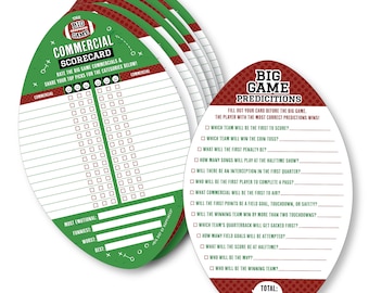 May include: Green and red football-shaped scorecards with a checklist for predicting the outcome of a big game. The scorecard includes questions like "Which team will be the first to score?" and "Who will be the MVP?"