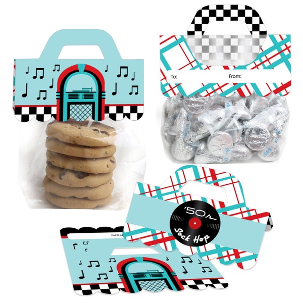 50’s Sock Hop - DIY 1950s Rock N Roll Party Clear Goodie Favor Bag Labels - Candy Bags with Toppers - Set of 24