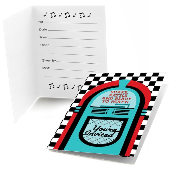 50's Sock Hop - Fill In Invitations - 1950s Rock N Roll Party Invite - Fifties Party Fill In Invites - Shake, Rattle & Roll Party - 8 Cards