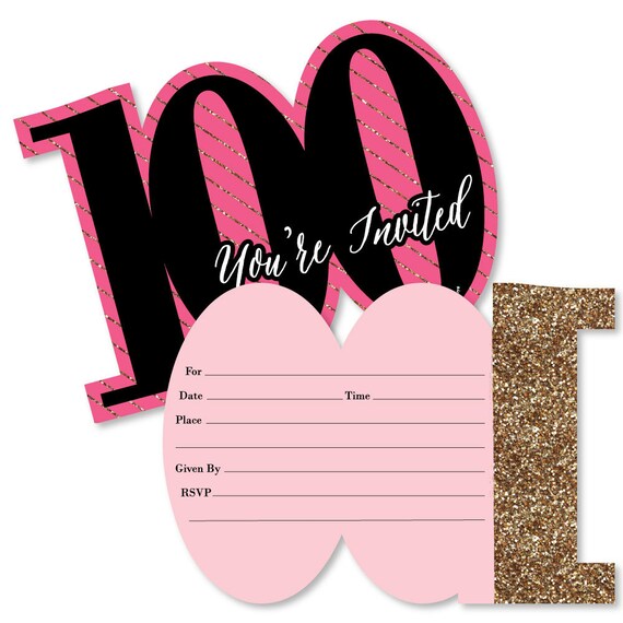 Chic 100th Birthday - Pink, Black, and Gold - Shaped Fill-in Invitations - Birt...