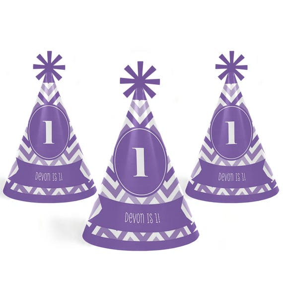 Chevron Purple Cone Happy Birthday Party Hats for Kids and Adults Set of 8 Standard Size
