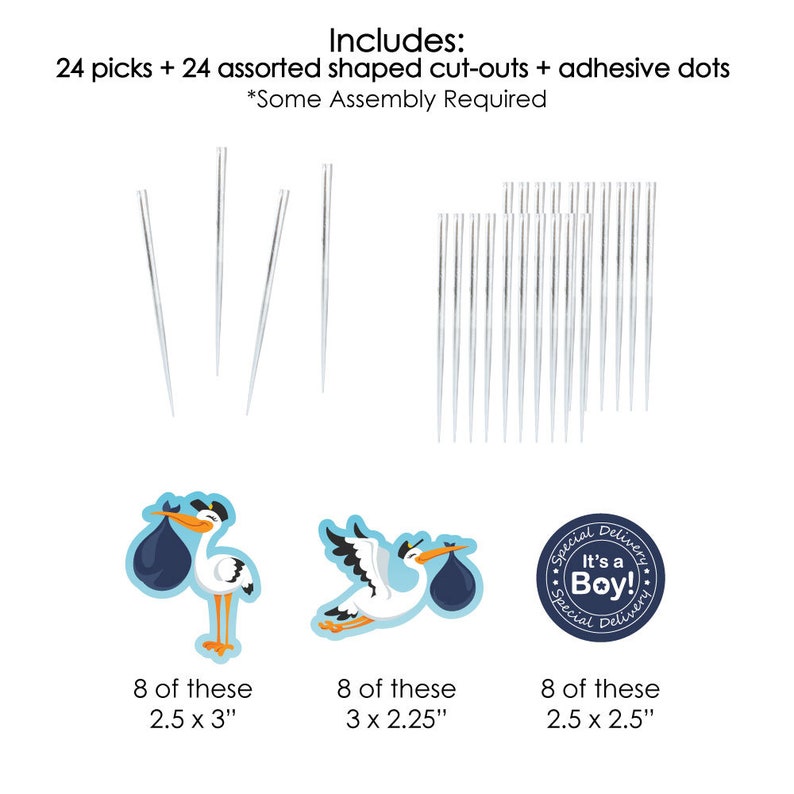 Stork Shaped Cut-Outs and Picks 24 Ct Dessert Cupcake Toppers Boy Stork Baby Shower Clear Treat Picks Boy Special Delivery