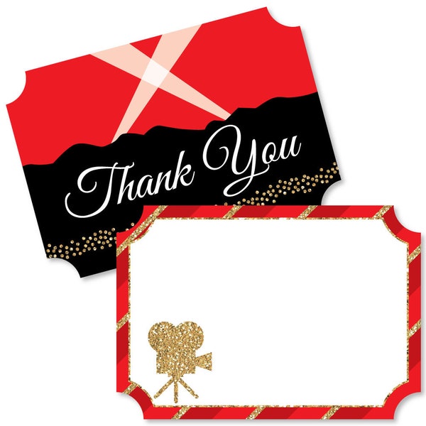 Red Carpet Hollywood - Shaped Thank You Cards - Movie Night Party Thank You Note Cards with Envelopes - Red Carpet Event Thank You - 12 Ct.