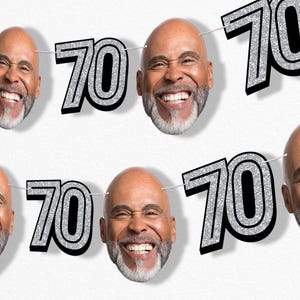 Custom 70th Birthday Face Cut Out Garland Banner, Personalized Adult Birthday Party Decor, 30 Ft of Cord, 5 Face Cutouts 5 Age 70 Shapes Silver
