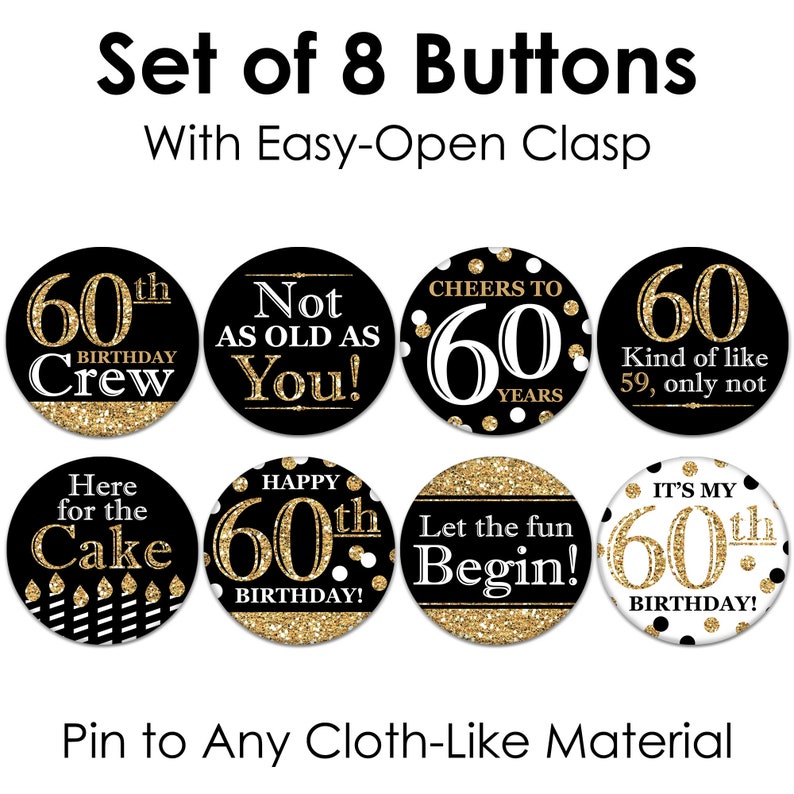 Adult 60th Birthday Gold 3 inch Birthday Party Badge Pinback Buttons Set of 8 image 5