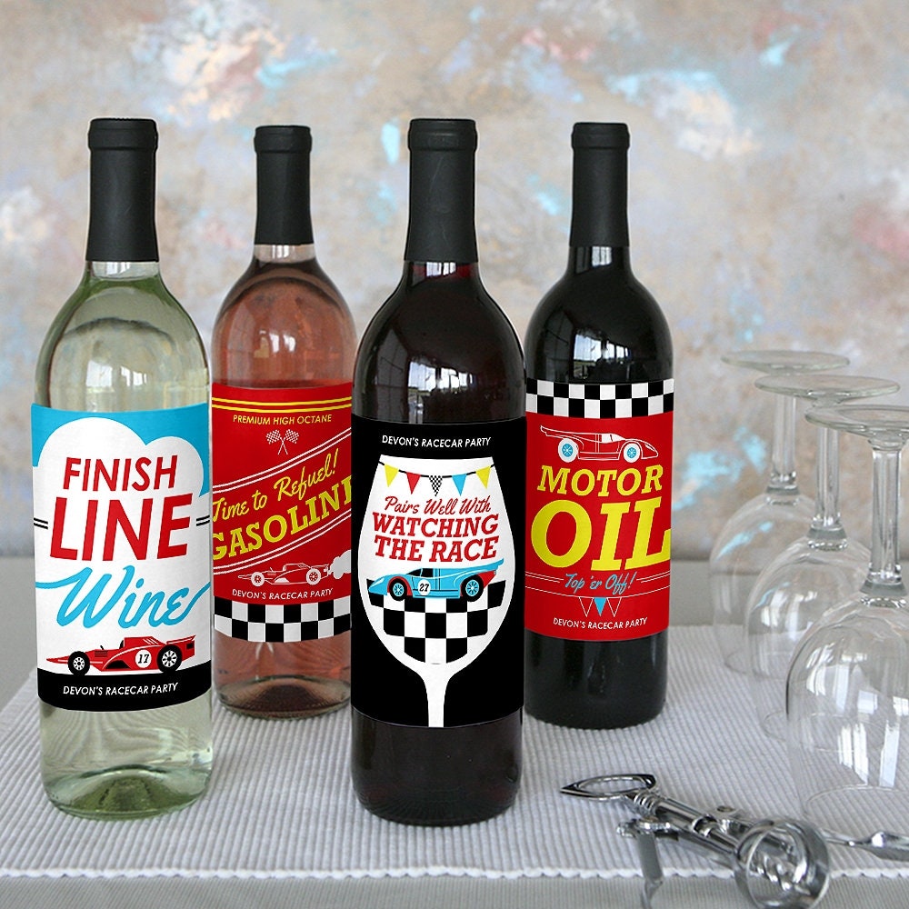 Race Car Birthday Water Bottle Labels - 20 Count Checkered Flag & Racecar Stickers For Party Favors
