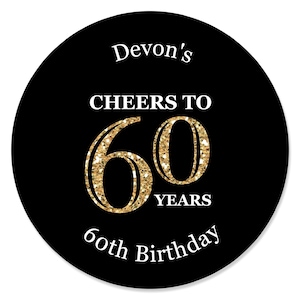 Custom Adult 60th Birthday - Gold - Personalized Birthday Party Circle Sticker Labels - 24 Count