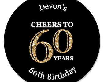 Custom Adult 60th Birthday - Gold - Personalized Birthday Party Circle Sticker Labels - 24 Count