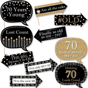 Funny Adult 70th Birthday - Gold - Birthday Party Photo Booth Props Kit - 10 Piece