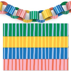 May include: A paper chain decoration featuring interlocking loops in vibrant colors including green, yellow, blue, and pink. Below the chain are four rectangular strips of paper, each displaying a distinct vertical striped pattern in matching colors.