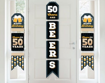 Cheers and Beers to 50 Years - Hanging Vertical Paper Door Banners - 50th Birthday Party Wall Decoration Kit - Indoor Door Décor