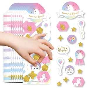 May include: A sheet of 24 unicorn-themed stickers with a rainbow, glitter, and gold foil design. The stickers feature unicorns, stars, balloons, and the text "Unicorn Squad" and "Stay Magical".