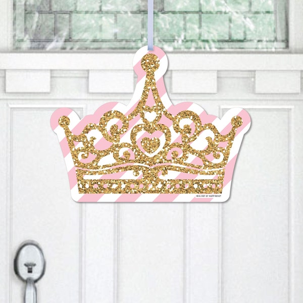 Little Princess Crown - Hanging Porch Pink and Gold Princess Baby Shower or Birthday Party Outdoor Decorations-Front Door Decor-1 Piece Sign