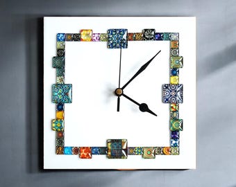 Handmade White Square Wall Clock With Colourful Glass Cabochons | Unique Home Decor