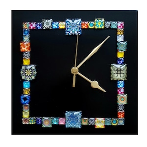 Handmade Black Square Wall Clock With Colourful Glass Cabochon Design |  Unique Home Decor