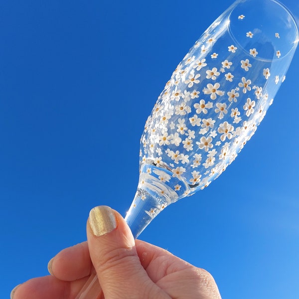 Flûte à champagne en verre prosecco tactile décorée peinte à la main 220 ml « Daisy »