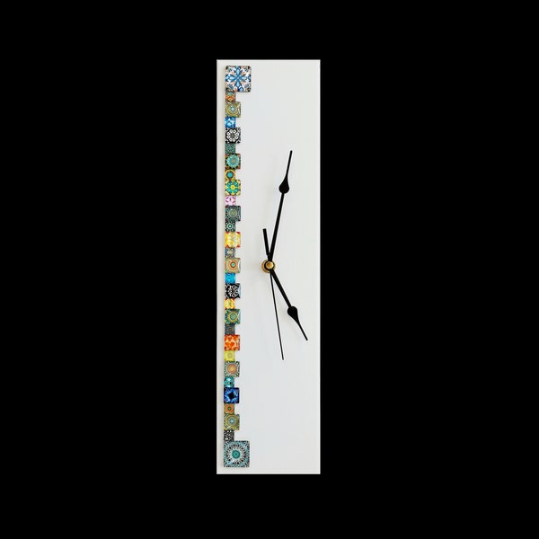 White Rectangle Cabochon Silent Wall Clock, Unique Handmade Clock 40cm x 10cm