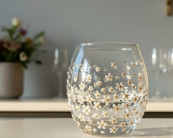 Hand Painted Glass Tumbler 'Daisy' White Flower - Drinking Glas - Bud Vase - Tealight Holder