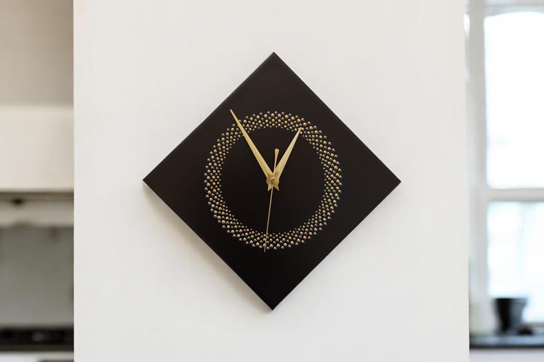 Hand Painted Unique Wall Clock, Black Diamond Clock, Circle Design, 28cm image 2