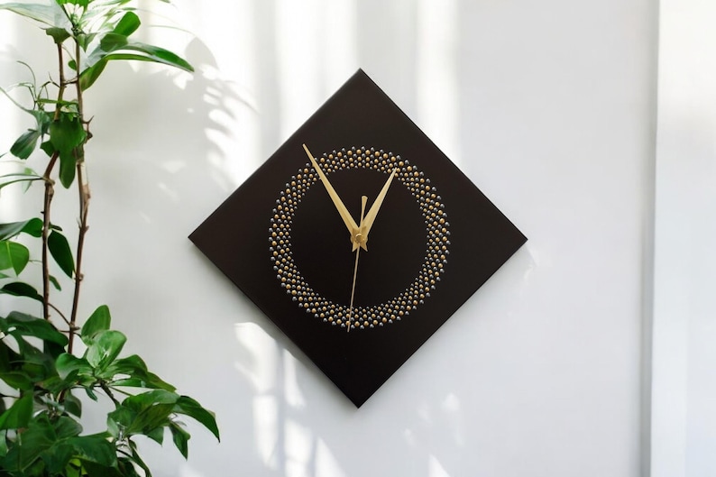 Hand Painted Unique Wall Clock, Black Diamond Clock, Circle Design, 28cm image 17