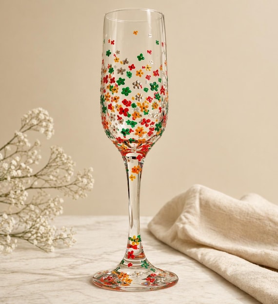 Handbemalte verzierte mehrfarbige Blumen-Prosecco-Glas-Champagnerflöte