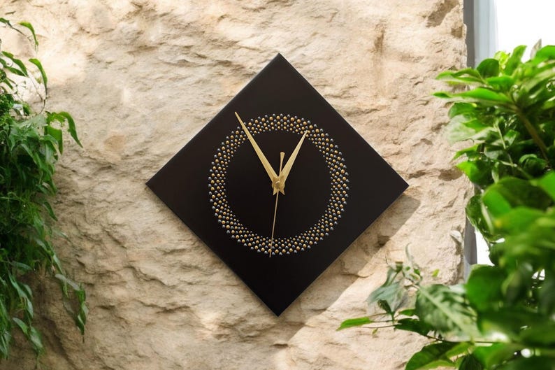 Hand Painted Unique Wall Clock, Black Diamond Clock, Circle Design, 28cm image 16