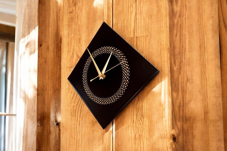Hand Painted Unique Wall Clock, Black Diamond Clock, Circle Design, 28cm image 6