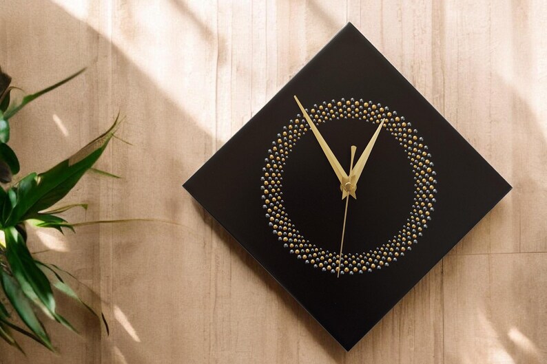 Hand Painted Unique Wall Clock, Black Diamond Clock, Circle Design, 28cm image 9