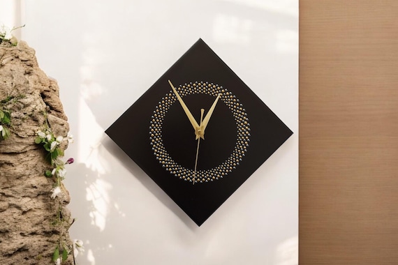 Hand Painted Unique Wall Clock, Black Diamond Clock, Circle Design, 28cm