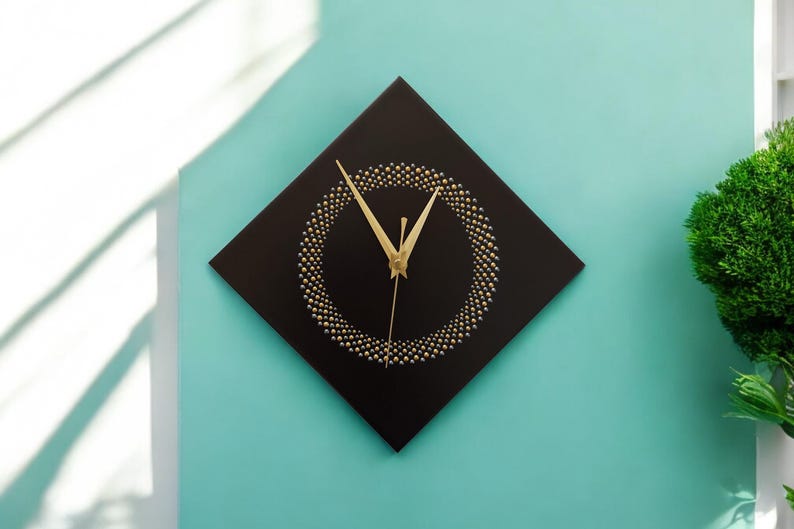 Hand Painted Unique Wall Clock, Black Diamond Clock, Circle Design, 28cm image 5