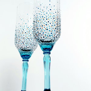 Hand Painted Premium Blue Stem Prosecco Glasses | Champagne Flutes 210ml