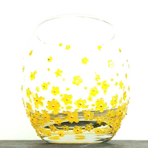 Hand Painted Glass Tumbler 'Buttercup' Yellow Flower