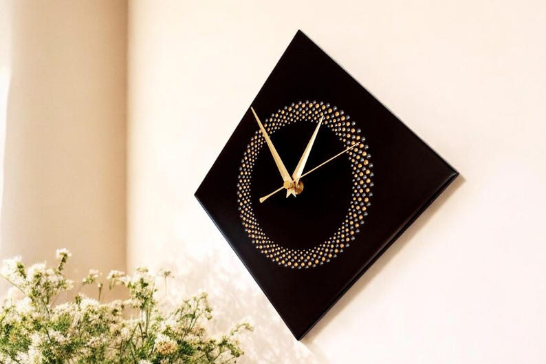 Hand Painted Unique Wall Clock, Black Diamond Clock, Circle Design, 28cm image 10