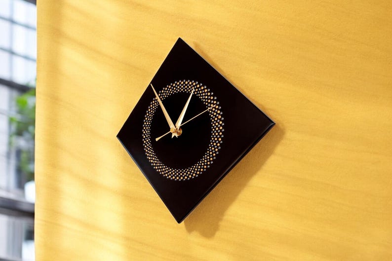 Hand Painted Unique Wall Clock, Black Diamond Clock, Circle Design, 28cm image 8