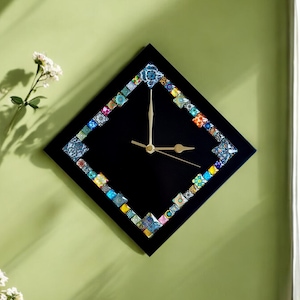 Black Diamond Wall Clock: Colorful Cabochon Tiles, 28cm