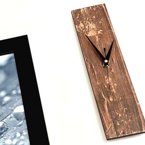 Minimalist Modern Rectangle Reclaimed Wood Look Wall Clock 35cm, Dark Brown, Silent Non-Ticking