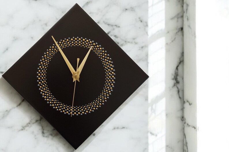 Hand Painted Unique Wall Clock, Black Diamond Clock, Circle Design, 28cm image 11