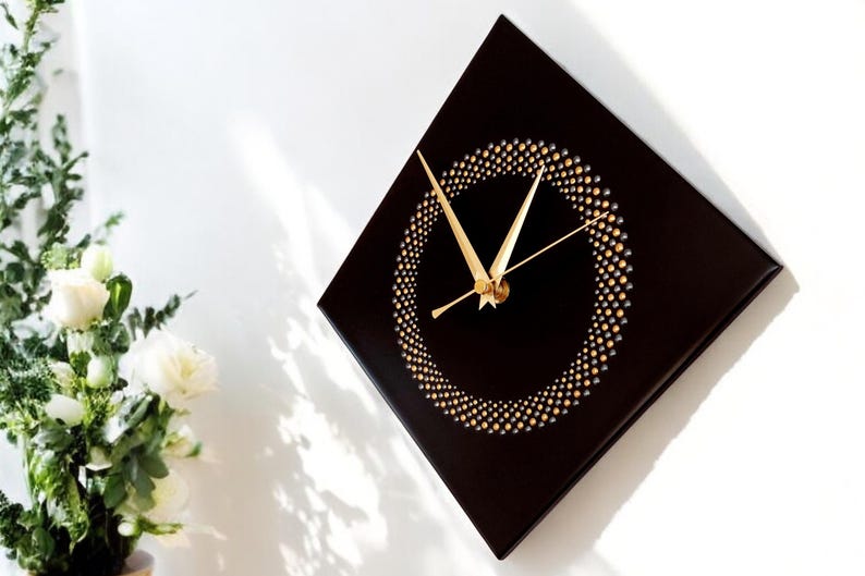 Hand Painted Unique Wall Clock, Black Diamond Clock, Circle Design, 28cm image 14
