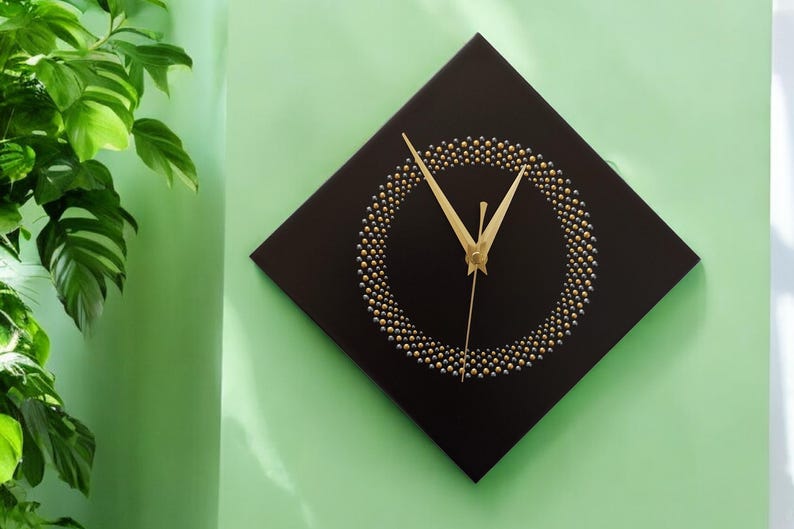 Hand Painted Unique Wall Clock, Black Diamond Clock, Circle Design, 28cm image 7