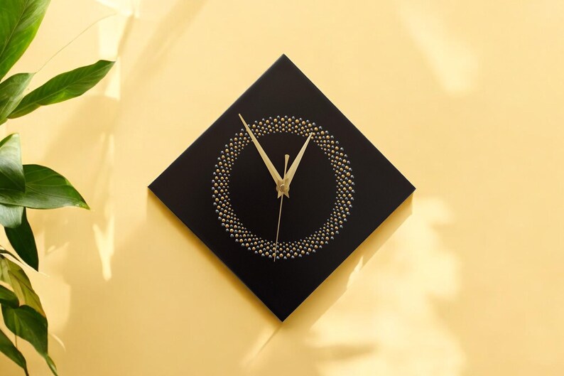 Hand Painted Unique Wall Clock, Black Diamond Clock, Circle Design, 28cm image 18