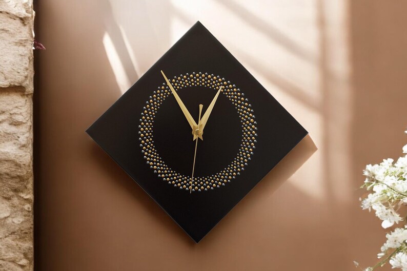 Hand Painted Unique Wall Clock, Black Diamond Clock, Circle Design, 28cm image 13
