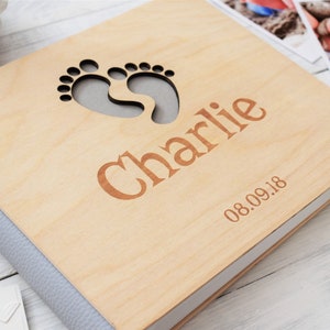 Personalized Wood Baby Photo album First Year Journal Laser Engraved Boy Photoalbum Whit Grey Color Footprint Engraving
