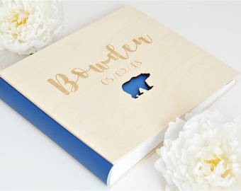 Blue Polar Bear Wood Baby Photo album First Year Journal Laser Engraved Scrapbook It's a Boy Photoalbum