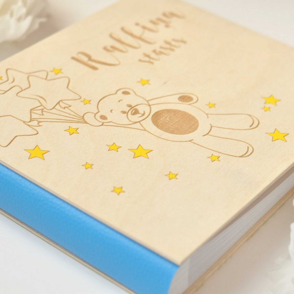 Cute Teddy Bear Baby Photo Album with Flying Balloons and Stars