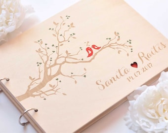 Lovebird im Baum Holz Hochzeit Gast Buch Foto Gästebuch personalisierte hölzerne Photalbum Familie Jahrestagsgeschenk für Eltern