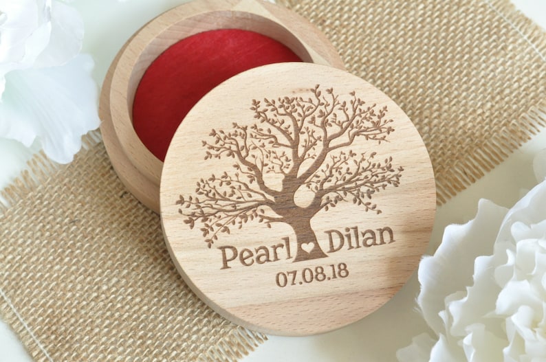 Beautiful Personalized Wood Ring Box Tree Wedding Engagement Proposal Ring Holder Bearer Box Engraved Wooden Round Floral Romantic