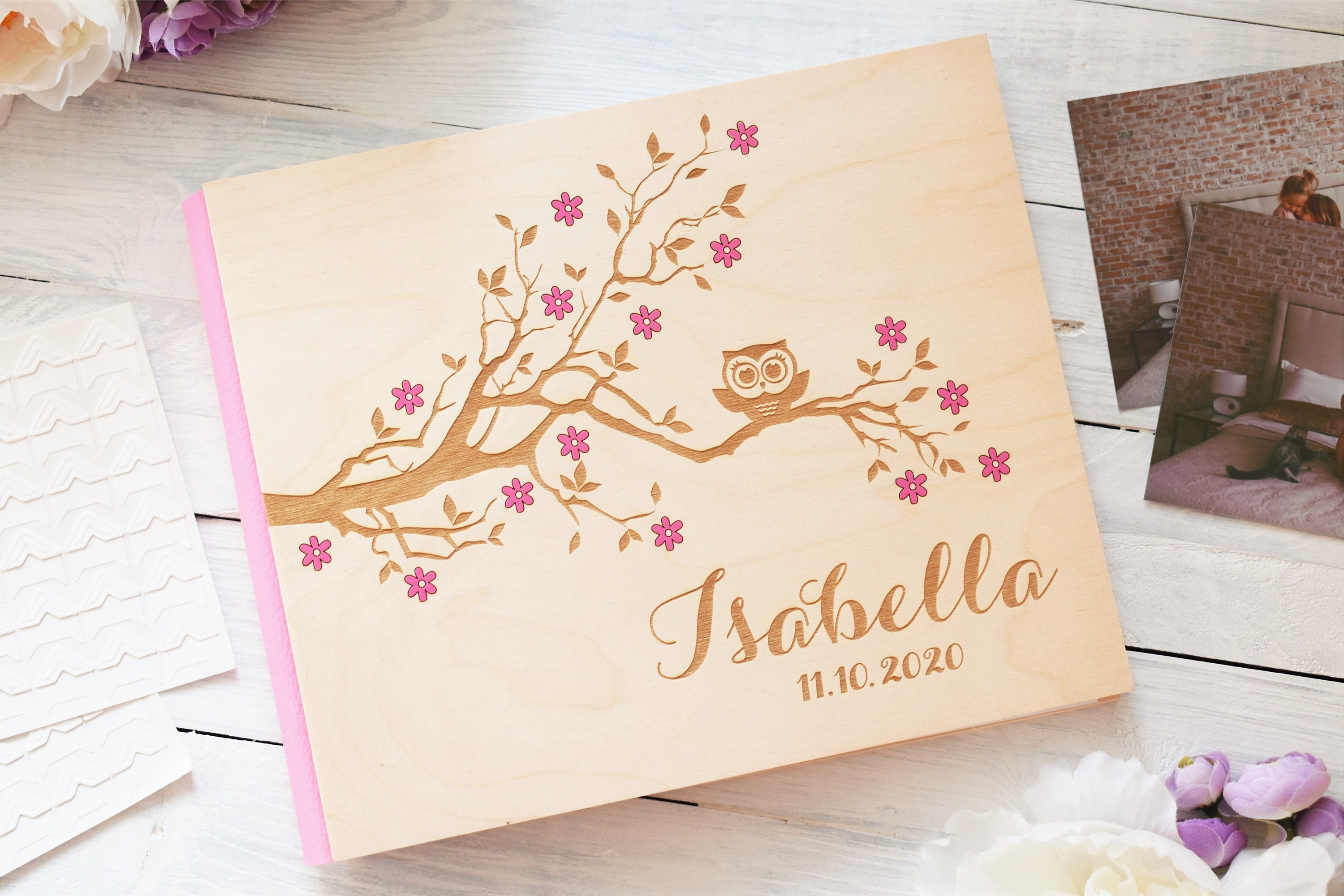 Personalized Baby Album with Cute Owl and pink flowers